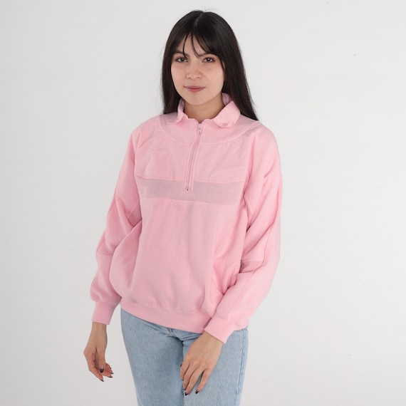 Baby Pink Sweatshirt 80s Quarter Zip Sweatshirt Retro Collared Pullover Sweater Streetwear Pastel Basic Plain Casual Vintage 1980s Small S