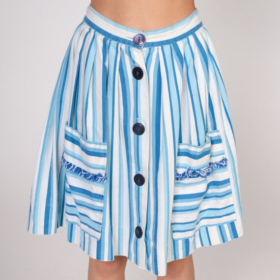 Striped Skirt 60s Mini Skirt Blue White Button up Miniskirt High Waist Retro Sixties Summer Pinup Girly Cotton Vintage 1960s Extra Small xs