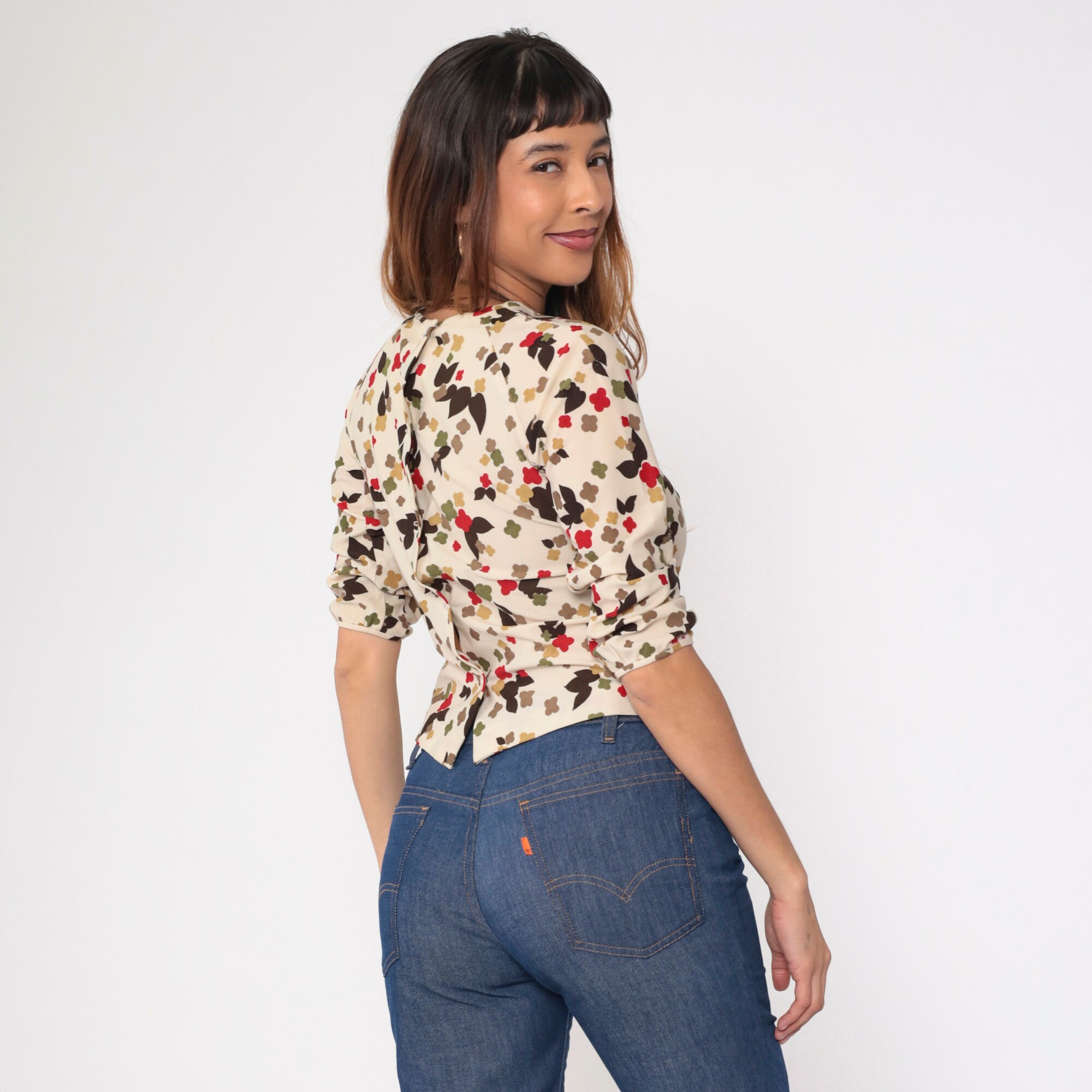70s Crop Top Abstract Floral Blouse Cropped Shirt Cream