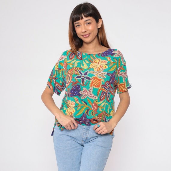 Under The Sea Shirt 90s Boho Short Sleeve Blouse Tropical Fish Starfish Shell Seaweed Print Top Boho Ocean Turquoise Vintage 1990s Small S