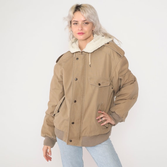 YSL Sport Jacket 80s Tan Hooded Jacket Lined Fleece Shearling Lining Snap Khaki Zip Up Coat Hoodie Bomber Sherpa Vintage 1980s Large L