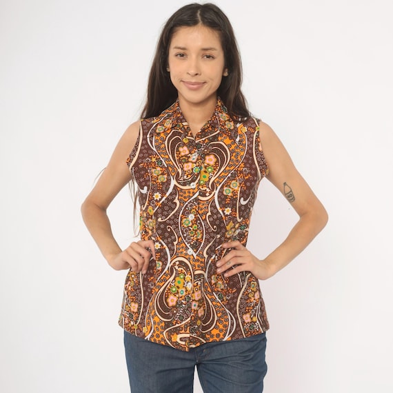 Psychedelic Floral Blouse 70s Brown Orange Paisley Swirl Print Sleeveless Collared Shirt Chocolate Amber Top Flower Power Hippie Medium M