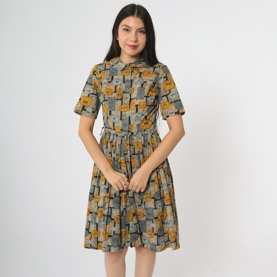 Novelty Print Dress 60s Yellow Grey Collar Button Front Short Sleeve Knee Length Vintage Labels Advertisement Mod Swing Dress Extra Small XS