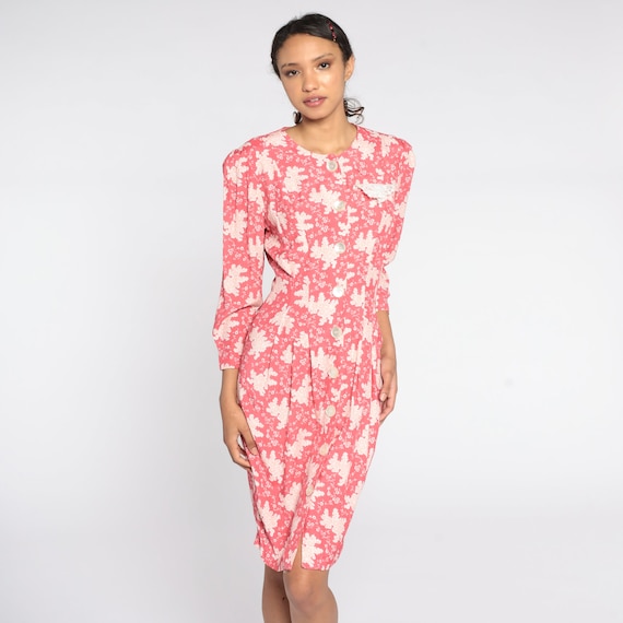 80s Floral Dress Puff Sleeve Dress Pink Sheath Mini Dress Button Up 1980s Long Sleeve Pencil Wiggle Vintage Shift Dress Small S