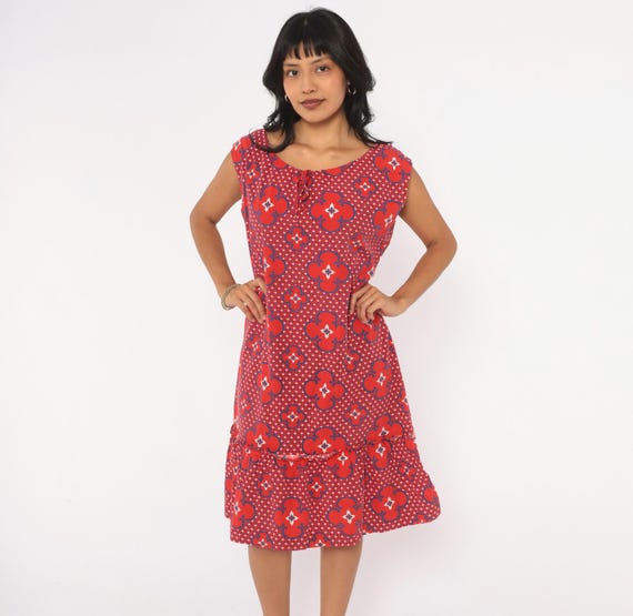 80s Red Floral Dress Cobalt Blue Geometric Print Cotton Drop Waist Ruffle Hem Cap Sleeve Scoop Neck Hawaiian Shift Sundress Vintage Large L
