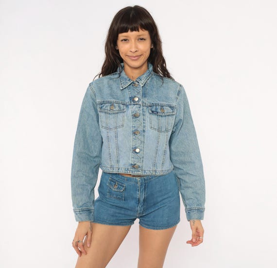 Lee Cropped Denim Jacket 90s Light Wash Blue Jean Button Front Trucker Cotton Stonewash Distressed  Vintage Grunge Women Cropped Small S