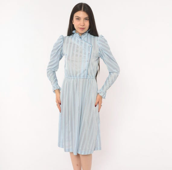 80s Puff Sleeve Striped Dress Sky Blue Pearl Button Ruffle Collar Knee Length Sheer Pink Silver Feminine Coquette Prairie Frock Small S