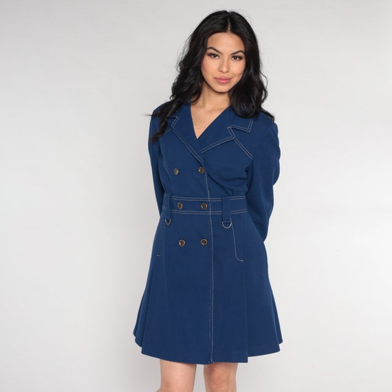 Navy Blue Pea Coat 70s Mod Peacoat Sailor Jacket Double Breasted Button Up Jacket Collared Basic Trench Retro Seventies Vintage 1970s Small