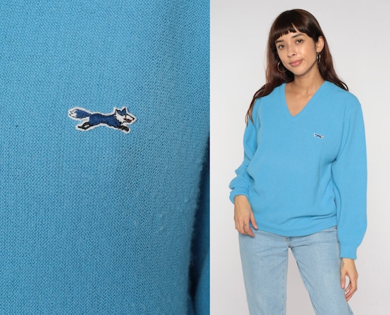 Light Blue Sweater 80s Fox Emblem Pullover Knit Jumper V Neck Retro Grandpa Slouchy Acrylic Preppy Nerd Hipster Vintage 1980s Plain Small S
