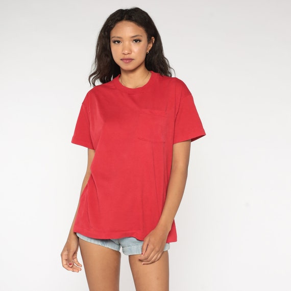 Red T Shirt Pocket Tee Plain TShirt 80s 90s T Shirt Vintage Tshirt Top 1980s Retro Tee Basic Blank Tshirt Large L