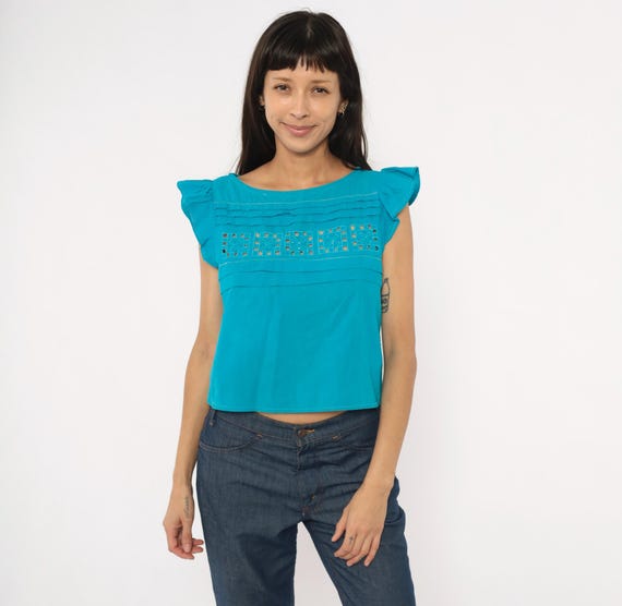 Teal Cutwork Blouse 90s Flutter Sleeve Cotton Embroidered Ruffle Turquoise Crop Shirt Aqua Prairie Cottagecore Summer Vintage Extra Small XS