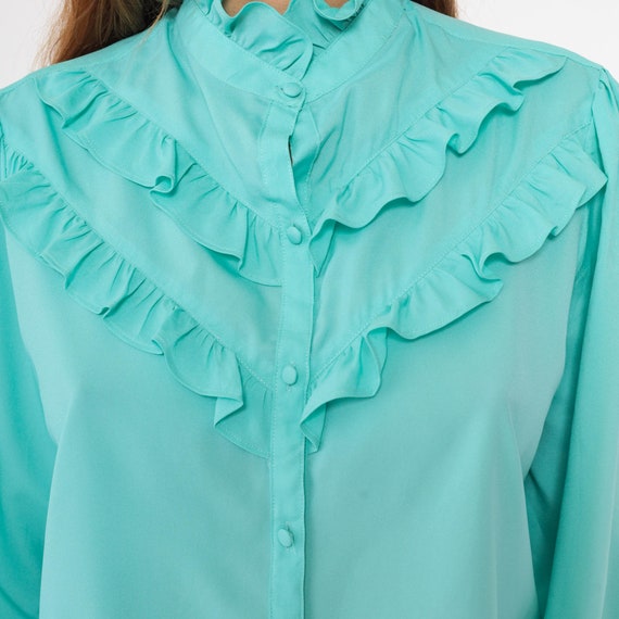 Turquoise Ruffled Blouse 70s Puff Sleeve Shirt Bu… - image 6