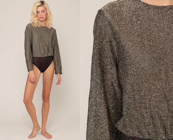 Metallic Bodysuit Top Gold Blouson Top Long Sleeve Blouse Leotard Shirt 80s Boho Top Disco Blouse Vintage 70s Bohemian Medium