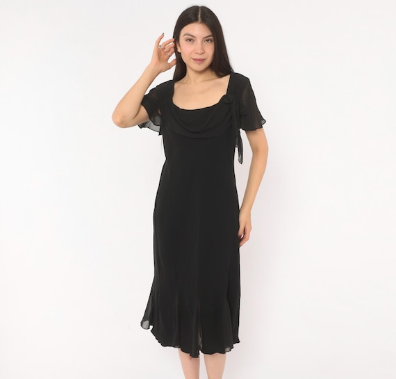 90s Cowl Neck Dress Black Chiffon Flutter Sleeve Drape Neckline Sheer A Line Cocktail Evening Formal Dark Grunge Alt Gothic Vintage Large L