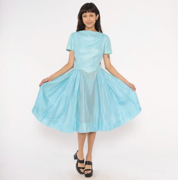 60s Baby Blue Dress Fit And Flare Pleated Skirt Basque Waist Short Sleeve Boat Neck Powder Knee Length Powder A Line Vintage Large L