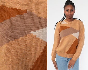 70s Color Block Sweater Boho Sweater Knit Hippie Bohemian Sweater Tan Brown Raglan Sleeve Pullover Vintage Retro Jumper Small Medium