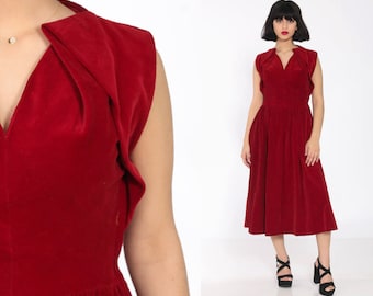 Robe en velours des années 50 Rouge Soirée Formelle Velours Midi Années 1960 Mad Men Thé Longueur Pin Up Années 1950 vintage Fit et Flare Cocktail Extra Small xs s