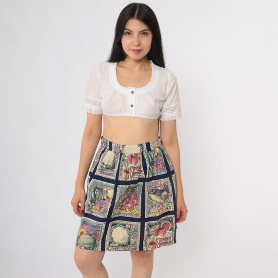 Cottagecore Produce Skirt Print 90s Novelty Farm Vegetable Fruit Graphic Blue High Waist Elastic Waistband Summer Countrycore Medium M 8