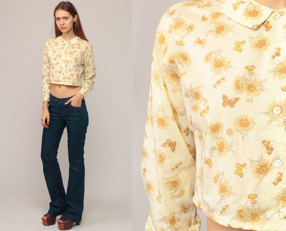 Butterfly Shirt Floral Blouse 70s Boho Crop Top PETER PAN COLLAR Top Button Up Shirt Hippie Long Sleeve Bohemian Vintage Retro Small Medium