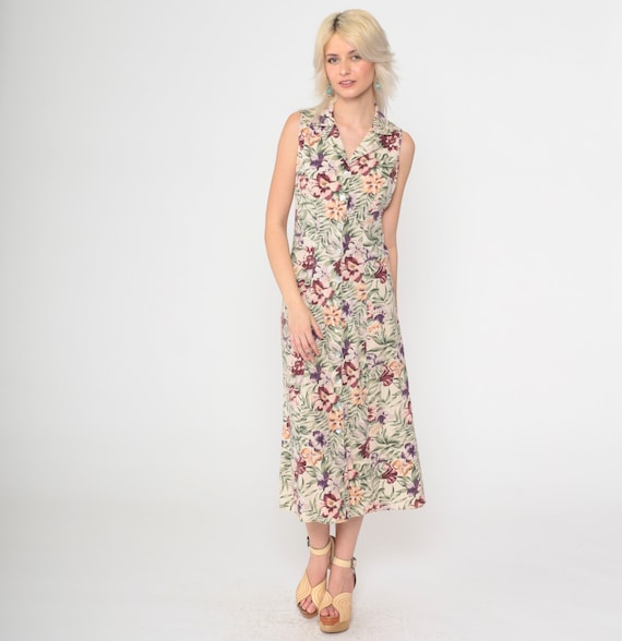Silk Floral Dress 90s Grunge Tropical Midi Dress Botanical Print Sleeveless Summer Cream Dress Button Up Sheath Sundress Summer 1990s Small