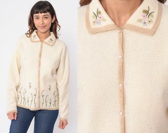 Embroidered Floral Cardigan 80s Cream Wool Button up Knit Sweater Flower Jumper Collared Grandma Sweater Boho Hippie Vintage 1980s Medium M