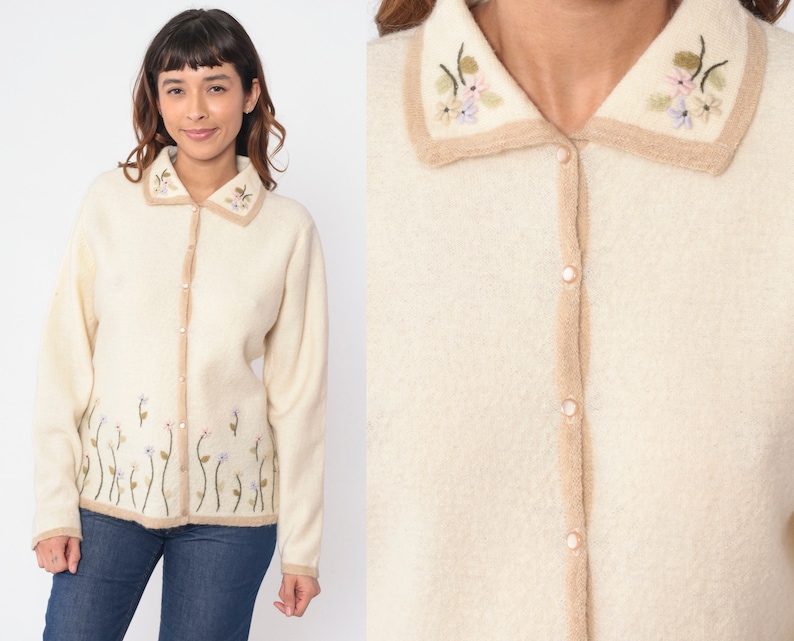 Embroidered Floral Cardigan 80s Cream Wool Button up Knit Sweater Flower Jumper Collared Grandma Sweater Boho Hippie Vintage 1980s Medium M image 1