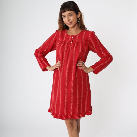 Striped Tent Dress 80s Red Puff Sleeve Mini Dress… - image 4