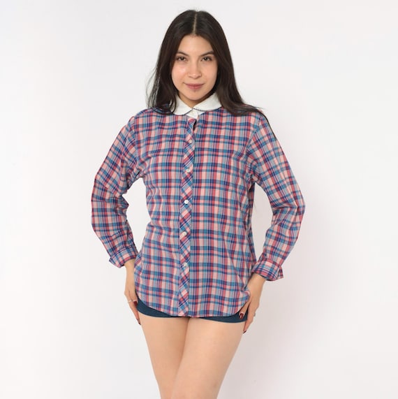 Plaid Peter Pan Collar Shirt 80s Cotton Button Front Blouse Blue Red White Scalloped Prairie Cottagecore Long Sleeve Top Vintage Medium M