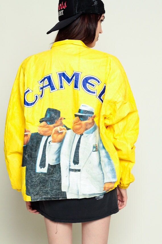 Camel Joe Jacket Tyvek Jacket Vintage CAMEL CIGARETTES 90s Windbreaker Smoker Thin Plastic Coat Bright Smoking Yellow Extra Large XL