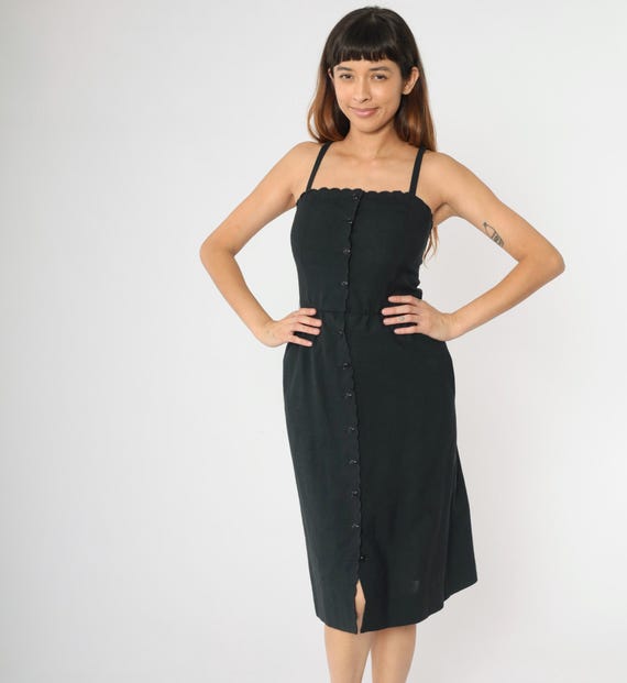 Vintage 80s Sun Dress Black Button Up High Waisted Sundress Midi Boho Summer Scalloped High Waist Spaghetti Strap 1980s Extra Small xs