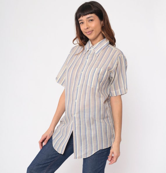 Multicolor Striped Shirt 70s Button Up Pointed Collar Top Retro Preppy Shirt Short Sleeve Blue Yellow Pink Vintage 1970s Men's 15 1/2 Medium