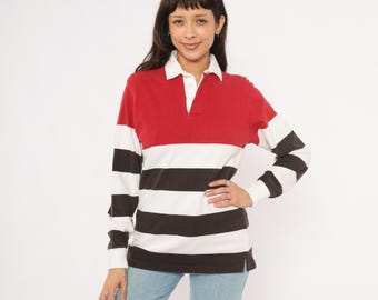 Camisa de rugby de los 90, a rayas rojas, blancas y marrones, polo de algodón, manga larga, cuello con botones, estilo preppy, universitario, deportivo, vintage, unisex, talla S