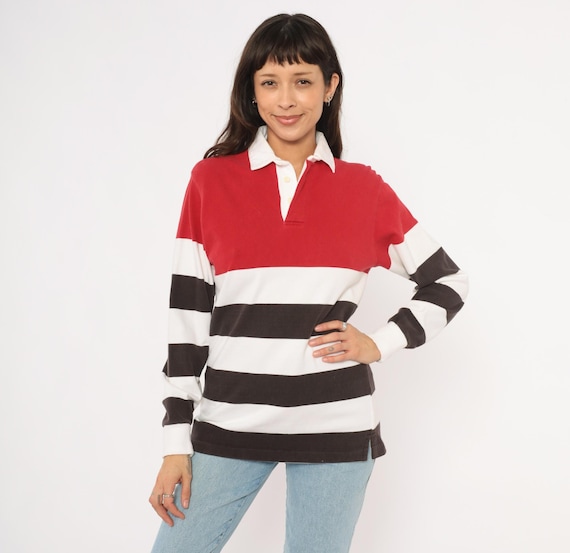 90s Rugby Shirt Striped Red White Brown Cotton Polo Long Sleeve Collar Button Preppy Collegiate Athletic Vintage Unisex Sporty Top Small S