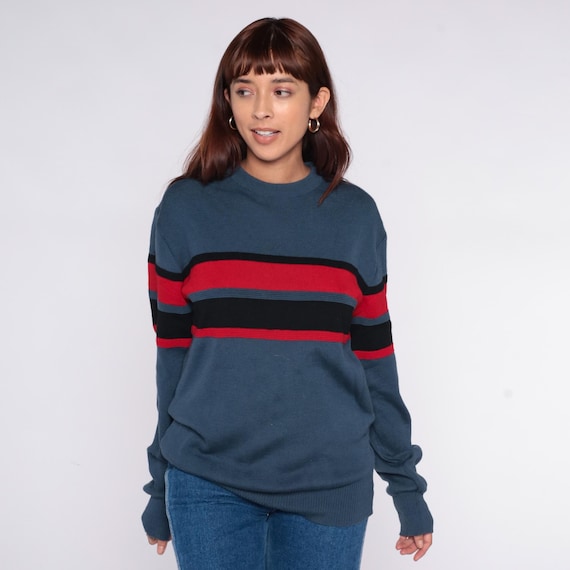80s Striped Wool Sweater Grey Red Black Horizontal Crew Neck Long Sleeve Pullover Knit Cozy Grandpa Oversized Vintage Meister Extra Large XL