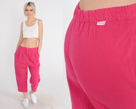 Pink Pleated Pants 90s Gitano Cropped Trousers High Waist Rise Capri Ankle Pants Retro Capris Summer Basic Cotton Vintage 1990s Small 28 30
