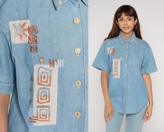 90s Denim Shirt Blue Jean Button up Top Studded G… - image 1