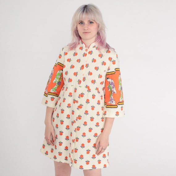 70s Japanese Geisha Dress Babydoll Mini Dress Quilted Boho Hippie Asian Dress 1970s Cream Vintage Bohemian Empire Waist Wide Sleeve Small S