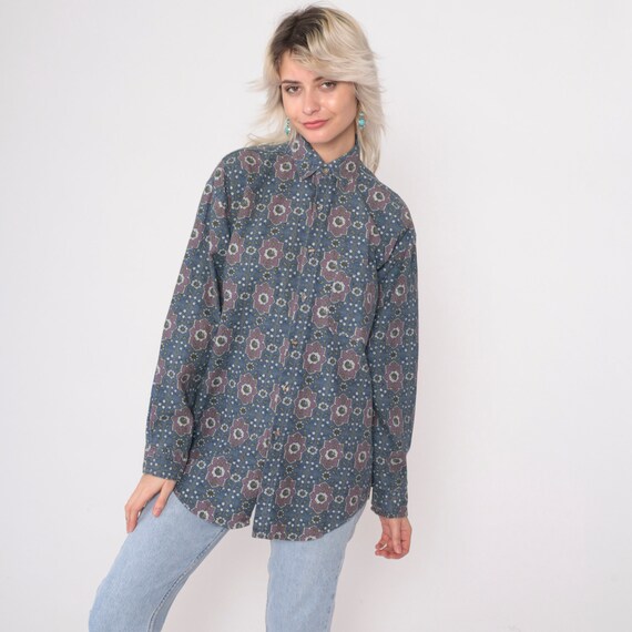90s Floral Shirt Geometric Medallion Print Blue Purple Button Up Shirt Long Sleeve Boyfriend Muted Cotton Vintage 1990s Small S