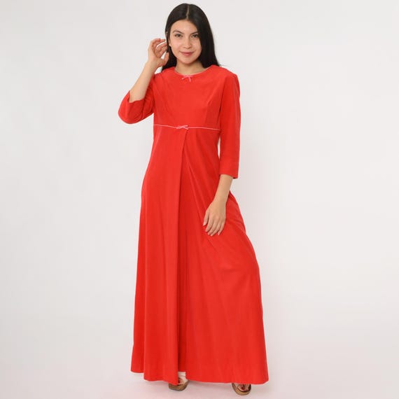 Palazzo Jumpsuit 70s Chezelle Red Wide Leg Three Quarter Sleeves Empire Waist Bow Tie Belt Lounge Wear Gown Disco Era Maxi Length Small S