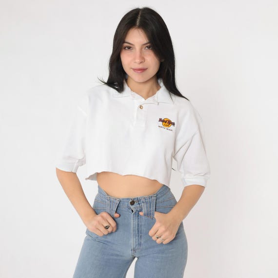 Vintage Hard Rock Cafe Polo Shirt 90s White Cropped Myrtle Beach Logo Embroidered Boxy Fit 1990s Cut Off Tee Medium Large