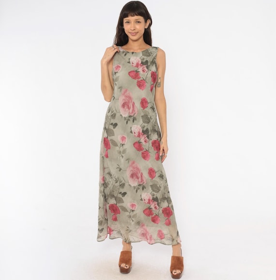 90s Rose Print Maxi Dress Olive Green Pink Floral Chiffon Sleeveless Sheer Garden Party Sage Cottagecore Summer Dressbarn Womens Large L