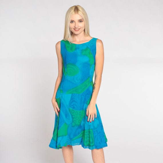 60s Mod Dress Blue Abstract Print Mini Dress Retro Low Drop Waist Psychedelic Twiggy Gogo Sixties Sleeveless Green Vintage 1960s Small S