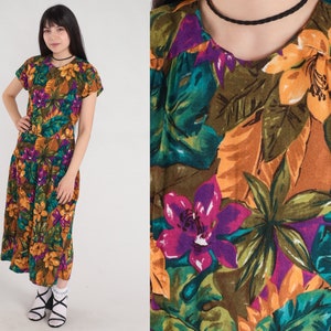 Robe fleurie tropicale des années 90, robe mi-longue taille basse à manches courtes Hibiscus fleur feuille imprimé violet vert jaune vintage des années 1990 Medium 8 image 1