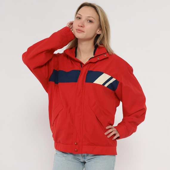 80s Red Windbreaker Color Block Jacket Navy Blue White Stripe Zip Front Storm Flap Athletic Sportswear Technical Outdoor Functional Medium M
