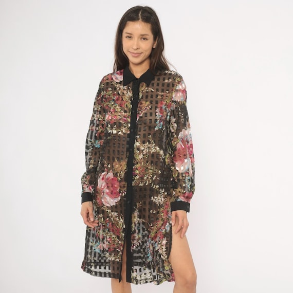 Floral Sheer Shirt Dress 90s Black Pink Rose Print Semi Sheer Button Front Long Sleeve Cottagecore Fairycore Alternative Grunge Large L