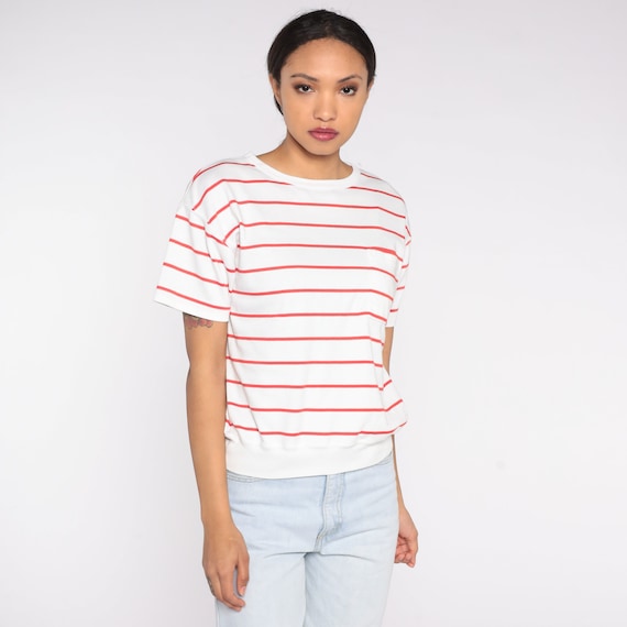 80s Striped Shirt White Red Short Sleeve Shirt Retro Crewneck Pocket Top Banded Hem Basic Normcore Simple Tee Vintage 1980s Medium Large