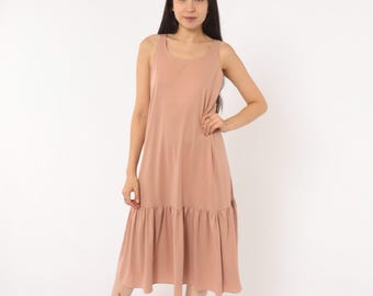 70s Blush Drop Waist Sundress Sleeveless Scoop Neck Tank Dress Dusty Rose Midi Ruffle Hem Mauve Nude Pink Summer Shift Vintage Medium M