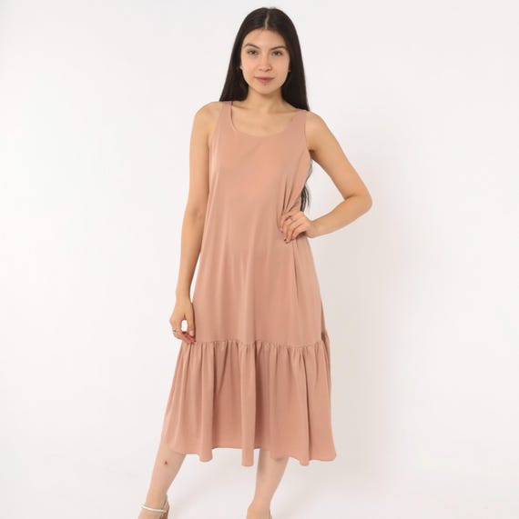 70s Blush Drop Waist Sundress Sleeveless Scoop Neck Tank Dress Dusty Rose Midi Ruffle Hem Mauve Nude Pink Summer Shift Vintage Medium M