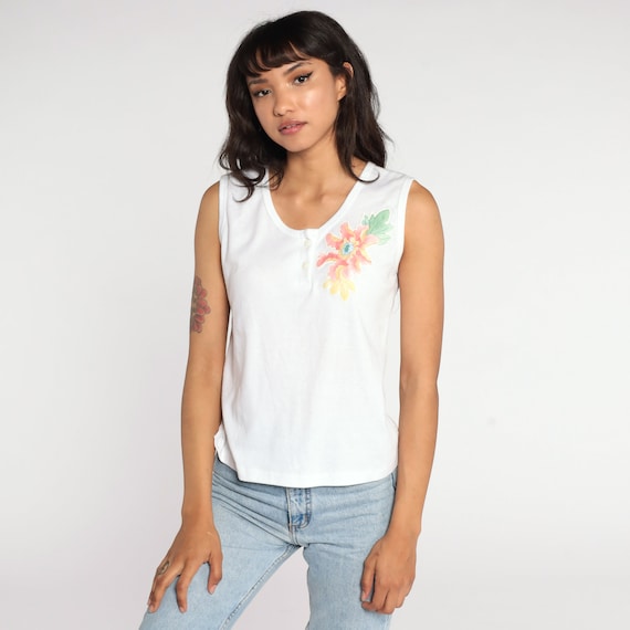 Floral Tank Top 80s Shirt White Shirt Sleeveless Top Henley Tank Top 1980s Vintage Single Stitch Small