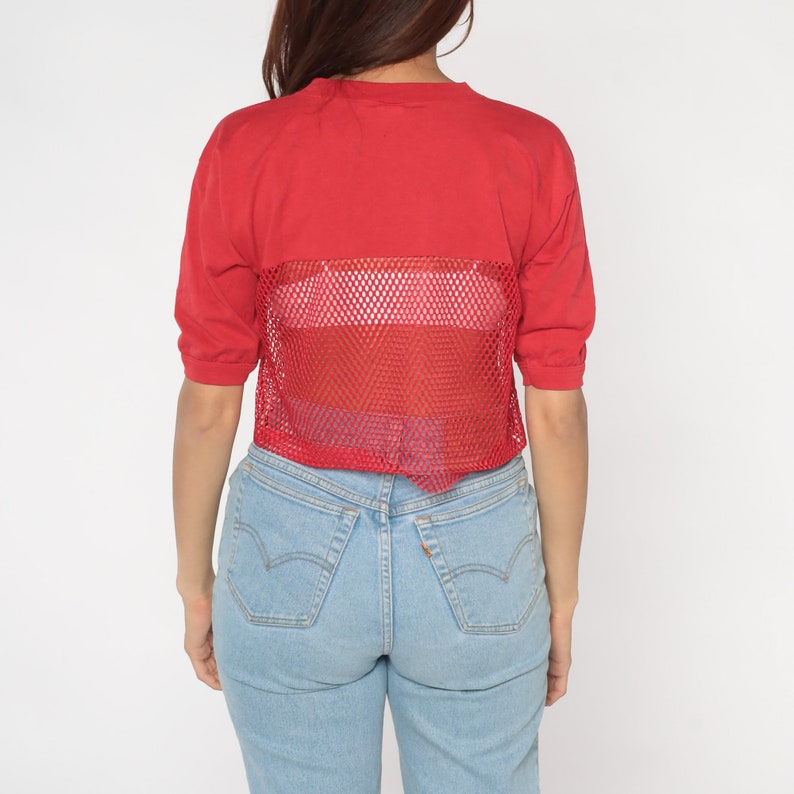 Indiana Shirt 80s Red Mesh Crop Top Sheer Cropped T-Shirt University Bloomington College Tee IU Hoosiers Festival Sexy Vintage 1980s Medium image 5